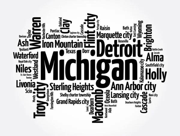 Michigan Daki Şehirlerin Listesi Kelime Bulutu Konsepti Geçmişi — Stok Vektör