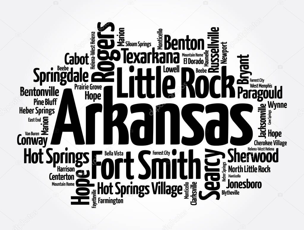 List of cities in Arkansas USA state, word cloud concept background