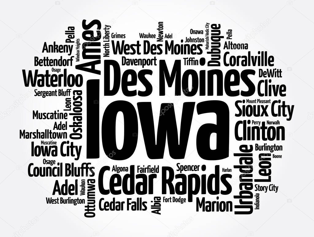 List of cities in Iowa USA state, word cloud concept background