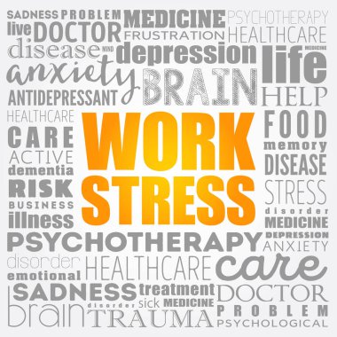 İş stresi kelime bulut kolajı, sağlık konsepti geçmişi