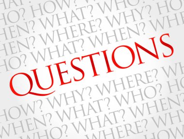 Cevapları bilgi toplama veya sorun çözmede temel kabul edilen sorular, kelime bulutu arka planı