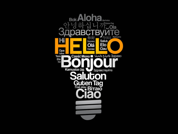 Hello word cloud in different languages of the world in shape of light bulb, concept background