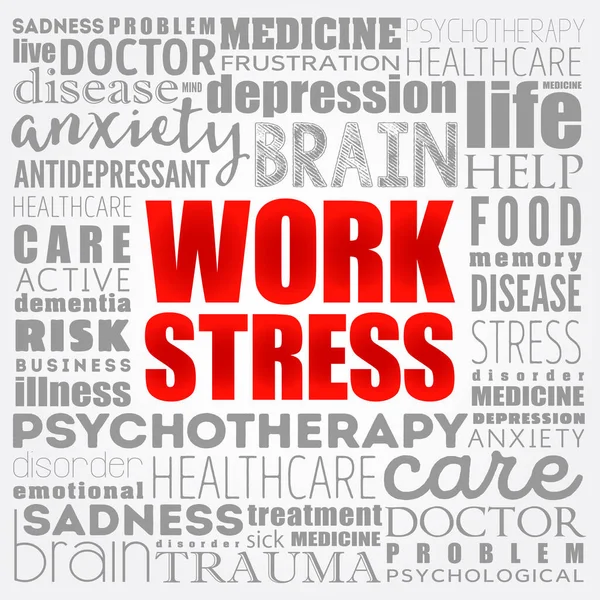 Arbeit Stress Wort Wolke Collage Gesundheitskonzept Hintergrund — Stockvektor