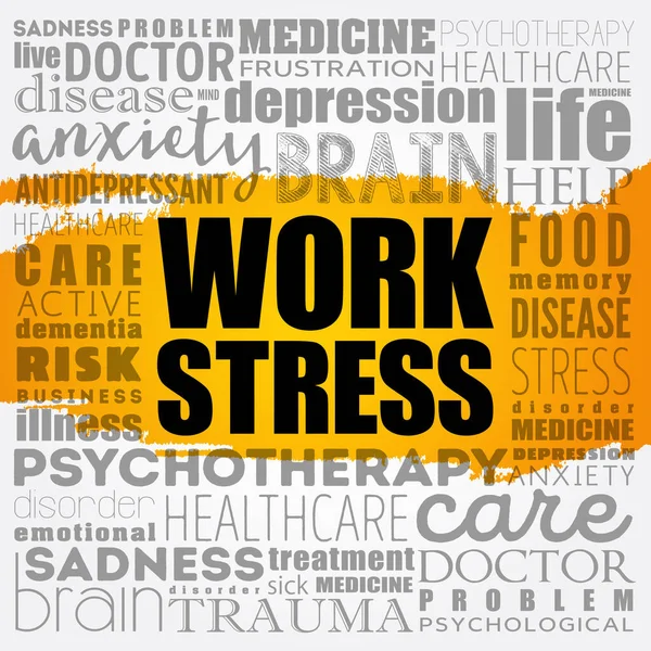 Trabalho Stress Palavra Nuvem Colagem Fundo Conceito Saúde — Vetor de Stock
