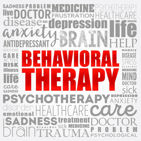 行为疗法 指使用行为心理学和认知心理学技术的临床心理治疗 词云健康概念背景 — 图库矢量图片