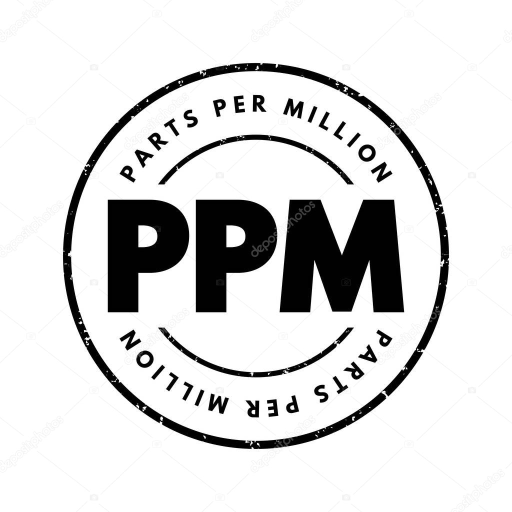 PPM Parts Per Million - number of units of mass of a contaminant per million units of total mass, acronym text stamp concept background