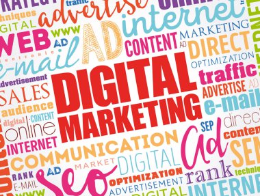 Dijital pazarlama kelimesi bulut kolajı, iş konsepti geçmişi