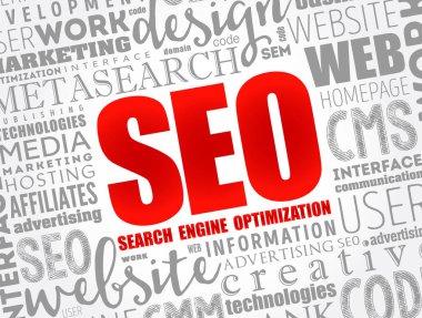 SEO Arama Motoru Optimizasyonu - arama motorlarından web sitesi trafiğinin kalitesini ve miktarını iyileştirme süreci, kelime bulutu konsepti arka planı