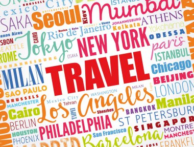 TRAVEL kelime bulut kavramı kelimelerle oluşturulan şehir isimleri, iş konsepti arka plan