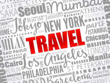 TRAVEL kelime bulut kavramı kelimelerle oluşturulan şehir isimleri, iş konsepti arka plan