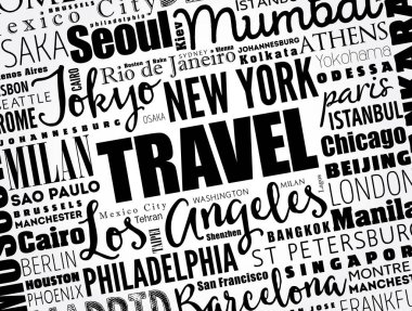 TRAVEL kelime bulut kavramı kelimelerle oluşturulan şehir isimleri, iş konsepti arka plan