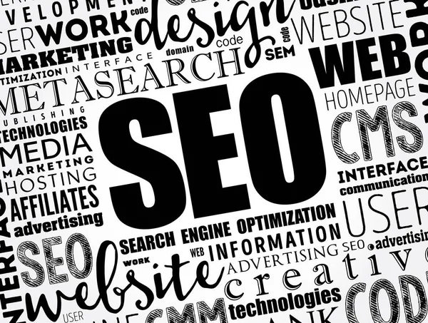 Seo搜索引擎优化 提高从搜索引擎到网站流量的质量和数量的过程 文字云概念背景 — 图库矢量图片