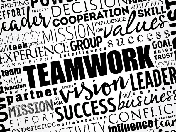 チームワーク 共通の目標を達成するために または最も効果的かつ効率的な方法でタスクを完了するためにグループの共同作業 ワードクラウドの概念の背景 — ストックベクタ