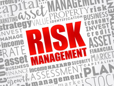 Risk Yönetimi - bir organizasyonun sermaye ve kazançlarına yönelik tehditleri tespit etme, değerlendirme ve kontrol etme süreci, kelime bulutu kavramı