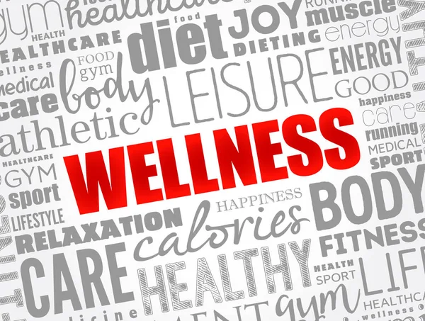 Wellness Palavra Nuvem Colagem Fundo Conceito Saúde —  Vetores de Stock