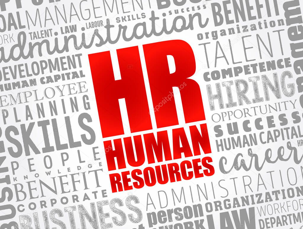 HR Human Resources - set of people who make up the workforce of an organization, business sector, industry, or economy, word cloud concept background