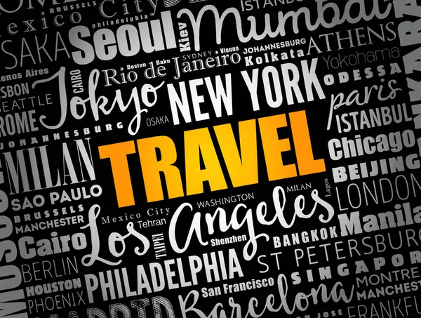 TRAVEL kelime bulut kavramı kelimelerle oluşturulan şehir isimleri, iş konsepti arka plan