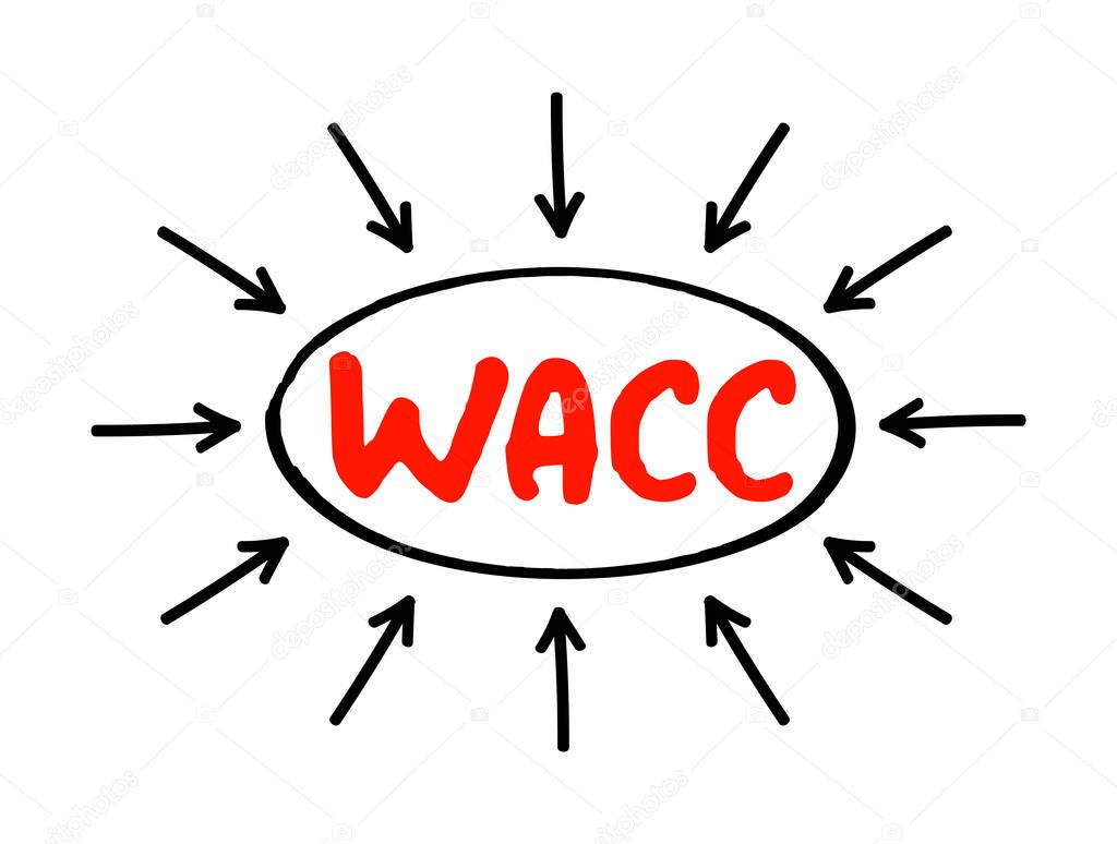 WACC Weighted Average Cost of Capital - rate that a company is expected to pay on average to all its security holders to finance its assets, acronym text with arrows