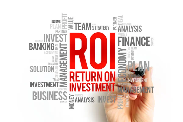 ROI Return On Investment - ratio between net income and investment costs resulting from an investment of some resources at a point in time, word cloud text concept background