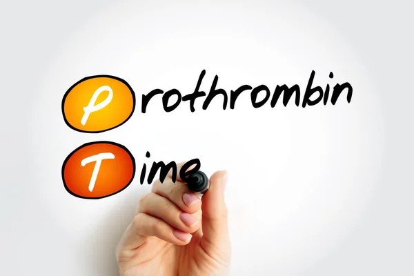 PT Prothrombin Time - measures how long it takes for a clot to form in a blood sample, acronym text concept background