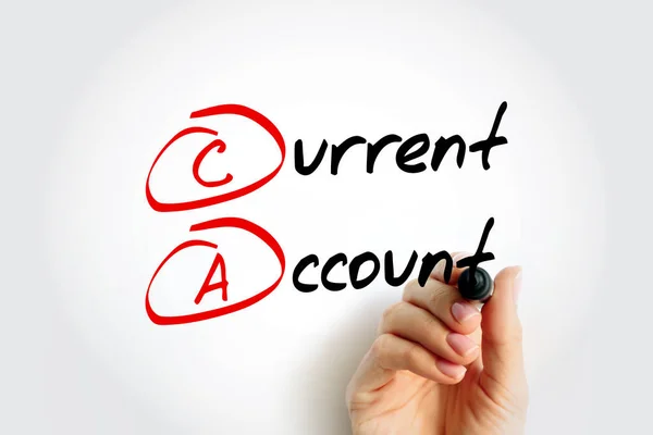 CA Current Account - records the value of exports and imports of both goods and services and international transfers of capital, acronym text concept with marker