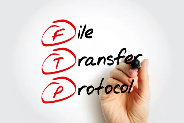 FTP File Transfer Protocol - standard communication protocol used for the transfer of computer files from a server to a client on a computer network, acronym text with marker