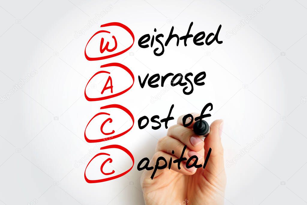 WACC Weighted Average Cost of Capital - rate that a company is expected to pay on average to all its security holders to finance its assets, acronym text with marker