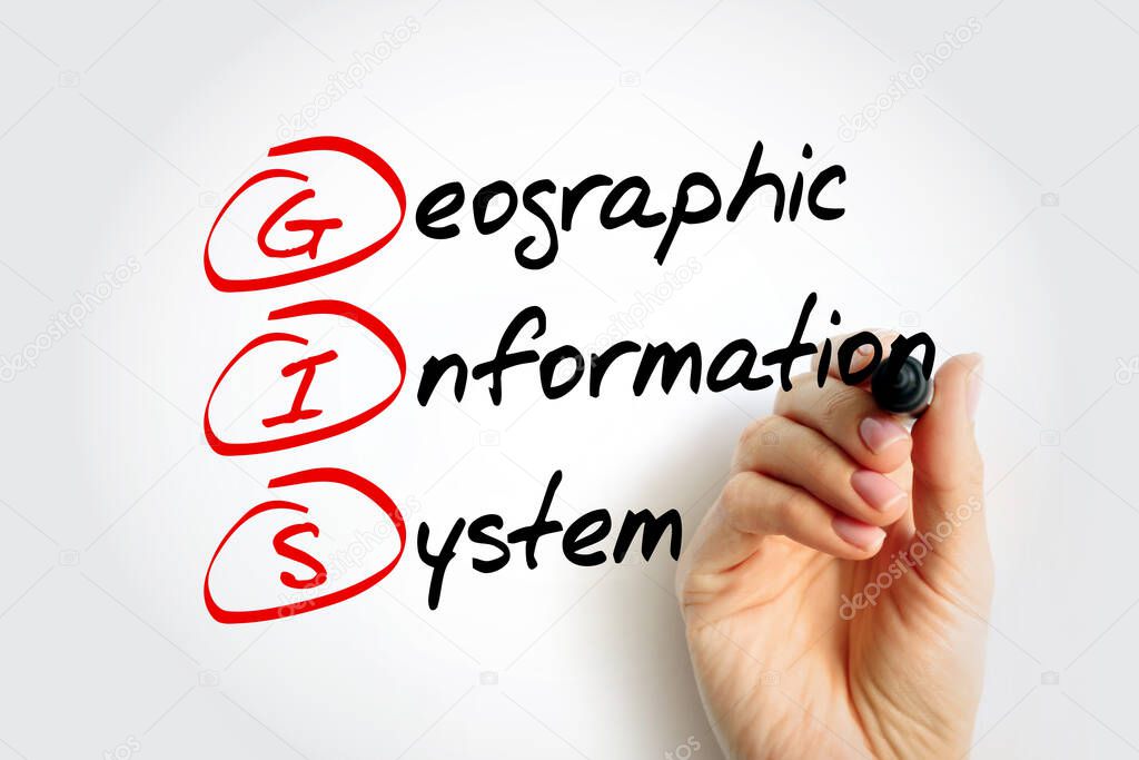 GIS Geographic Information System - type of database containing geographic data with software tools for managing, analyzing, and visualizing those data, acronym text with marker
