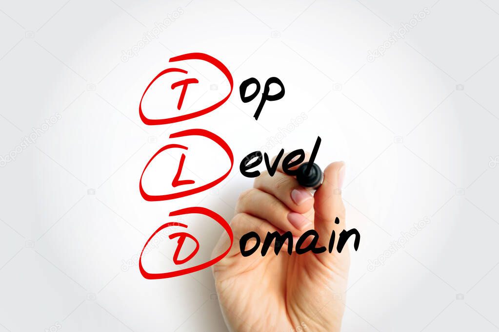 TLD - Top Level Domain is one of the domains at the highest level in the hierarchical Domain Name System of the Internet, acronym text concept with marker
