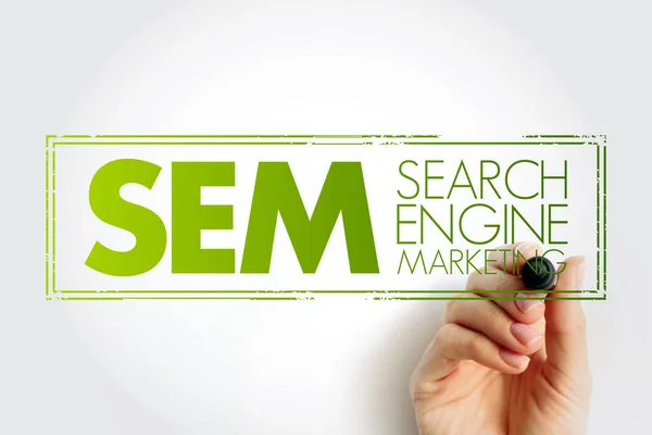 SEM Search Engine Marketing - Internet marketing that involves the promotion of websites by increasing their visibility in search engine results pages, acronym text stamp concept background