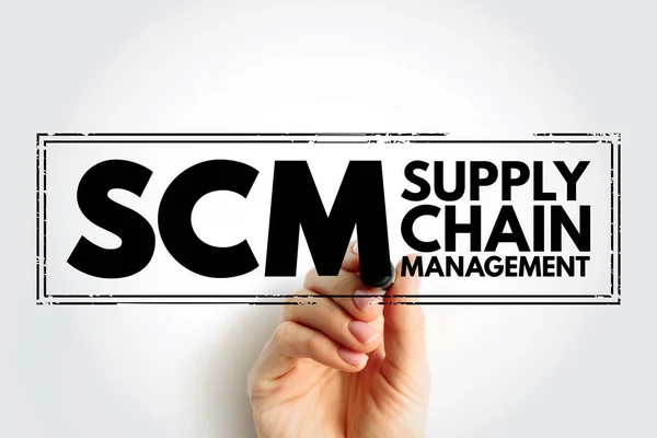 SCM Supply Chain Management - management of the flow of goods and services, between businesses and locations, acronym text stamp with marker