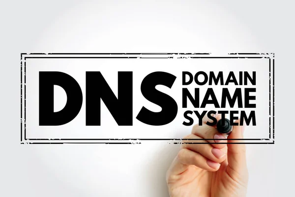 DNS Domain Name System - hierarchical naming system built on a distributed database for computers, services, or any resource connected to the Internet, acronym text stamp concept