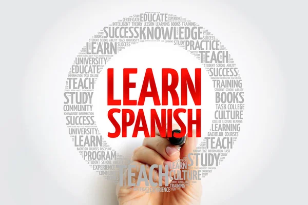 Aprende Español Palabra Nube Con Marcador Concepto Negocio Educación — Foto de Stock