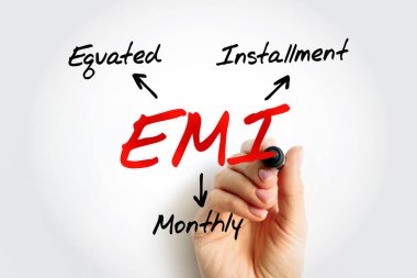 EMI Eşitlenmiş Aylık Kurulum - bir borçlunun her takvim ayında belirli bir tarihte borç verene yaptığı sabit ödeme miktarı, kısaltma metin konsepti arkaplanı