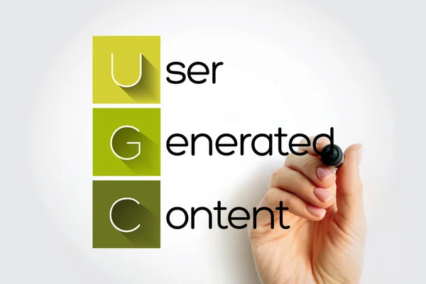 UGC User Generated Content - specific content created by customers and published on social media or other channels, acronym text with marker