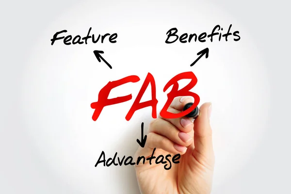 FAB Feature Advantage Benefits - product\'s traits, while advantage describes what the product or service does, acronym text concept background