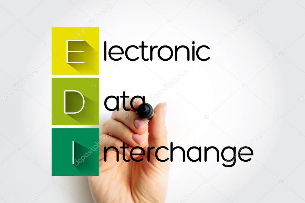 EDI Electronic Data Interchange - concept of businesses electronically communicating information that was traditionally communicated on paper, acronym text with marker