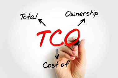 TCO Toplam Sahiplik Maliyeti - bir varlığın satın alma fiyatı artı işlemin maliyetleri, kısaltma metin kavramı arka planı