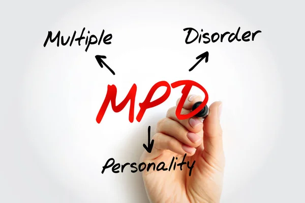 MPD Multiple Personality Disorder - mental disorder characterized by the maintenance of at least two distinct and relatively enduring personality states, acronym text concept background
