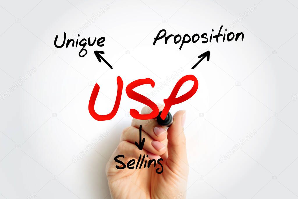 USP Unique Selling Proposition - essence of what makes your product or service better than competitors, acronym text concept background