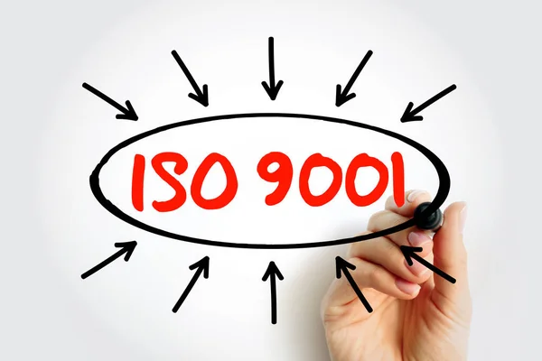 ISO 9001 - international standard that specifies requirements for a quality management system, text concept with arrows