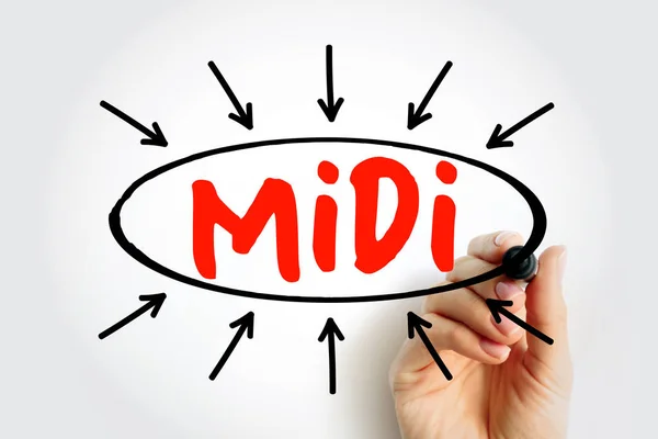 Midi Musical Instrument Digital Interface Mozaikszó Szöveg Nyilakkal Koncepció Bemutatók — Stock Fotó