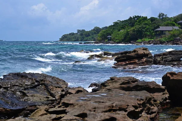 Seascape Com Vista Para Costa Rochosa Com Árvores Tempo Ensolarado — Fotografia de Stock