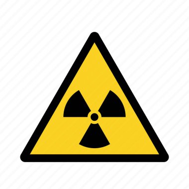 Sarı arkaplanda siyah radyoaktif simge izole edildi. Radyoaktif zehirli sembol. Radyasyon tehlikesi işareti. Uzun gölge tarzı. Vektör.