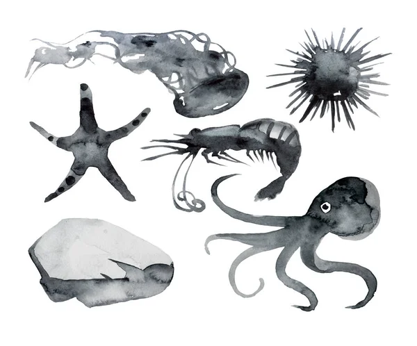 Aquarel Set Van Illustraties Met Zeebodem Zeebewoners Aquarelillustratie Geïsoleerd Witte — Stockfoto