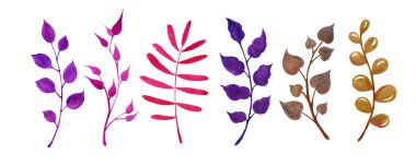 suluboya yeşil dallar ve yapraklar, elle çizilmiş tasarım elementleri