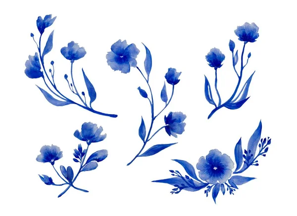 Blå Målade Blommor Vit Bakgrund — Stockfoto