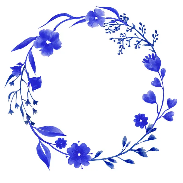 Kruh Modré Jarní Květy Bílém Pozadí Pohled Shora Rám Květin — Stock fotografie