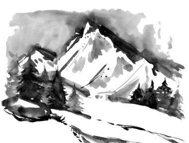 Doğal kış manzarası dağları ve çayır suluboya çizimleri