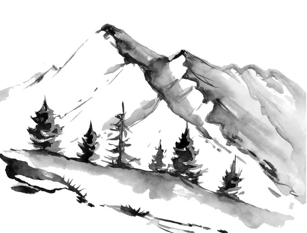 Watercolor Original Painting Mountains — ストック写真